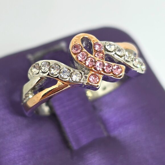 Pink Breast Cancer Awareness Ribbon Rose Gold Silver Rhodium Plated Ring SZ 7 - Picture 1 of 17